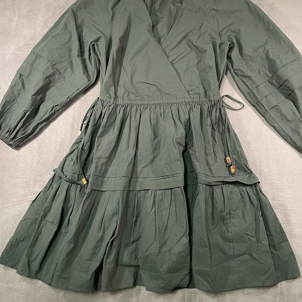 Madewell Emerald Green Poplin Long-Sleeve Faux Wrap Pockets Tiered Dress XXS - Picture 2 of 10